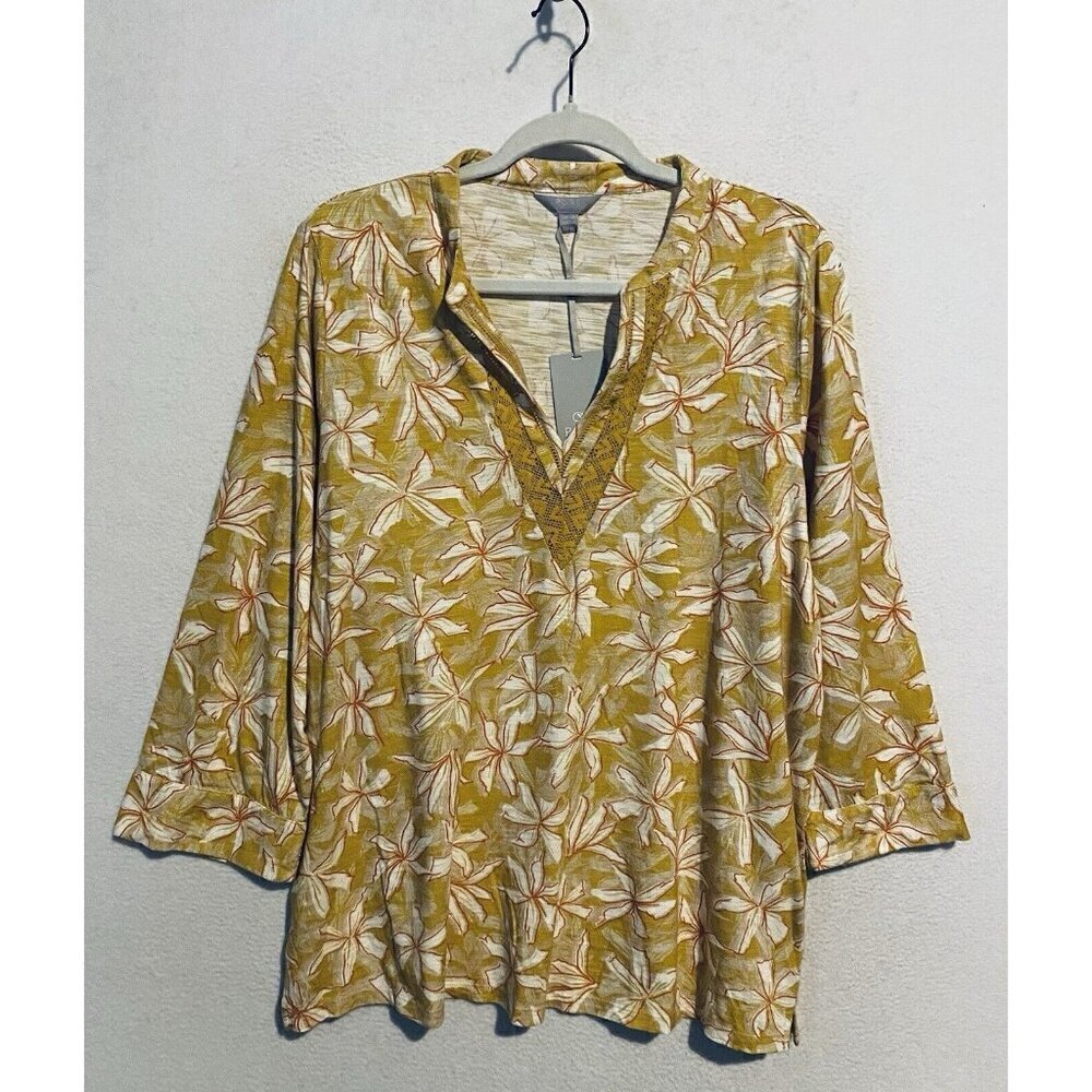 Pure Collection Top Womens 14 Yellow Tropical Floral Lace Trim Slub Knit Boho